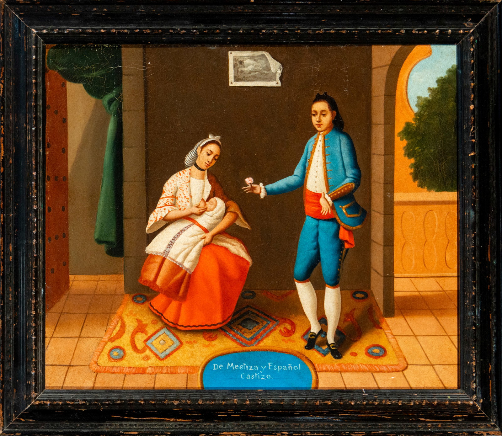 According to models of Mexican Viceregal colonial art, 19th century, Scene of a Mestiza Caste with a: Oil on canvas, 54 cm x 46 cm, 67 cm x 58 cm.