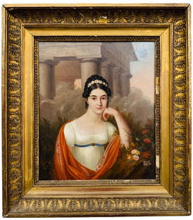 Roman Italian School, early 19th century (Rome, 1780–1842) – Portrait of a Young Woman, signed: Probably dressed as a bride, in front of the Temple of Paestum, possibly a posthumous portrait. Oil on panel. Signed lower right in red oil: “Miraglia” (?). Dimensions: 30 x 25.5 cm. Presen