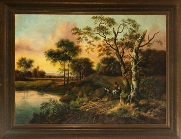 Oil on canvas, landscape with figures, signed, early 20th century (1 of 7)