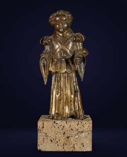 Rare Queen Mary of Scotland figure in Bronze on a German base from the 17th century: In bronze, with two gunshot wounds, possibly forming part of the finishing of the grille of a Catholic altar, possibly received during an English raid in the context of the Rough Wooing Wars (known in