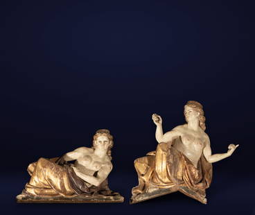 Pair of decorative Renaissance caryatids in wood - Spain or Portugal, 16th century: Measurements: 47 x 51 x 15 cm and 34 x 48 cm