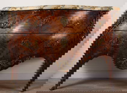 French chest of drawers in marquetry and gilt bronze, 18th - 19th century: Measurements: 169 x 60 x 125 cm