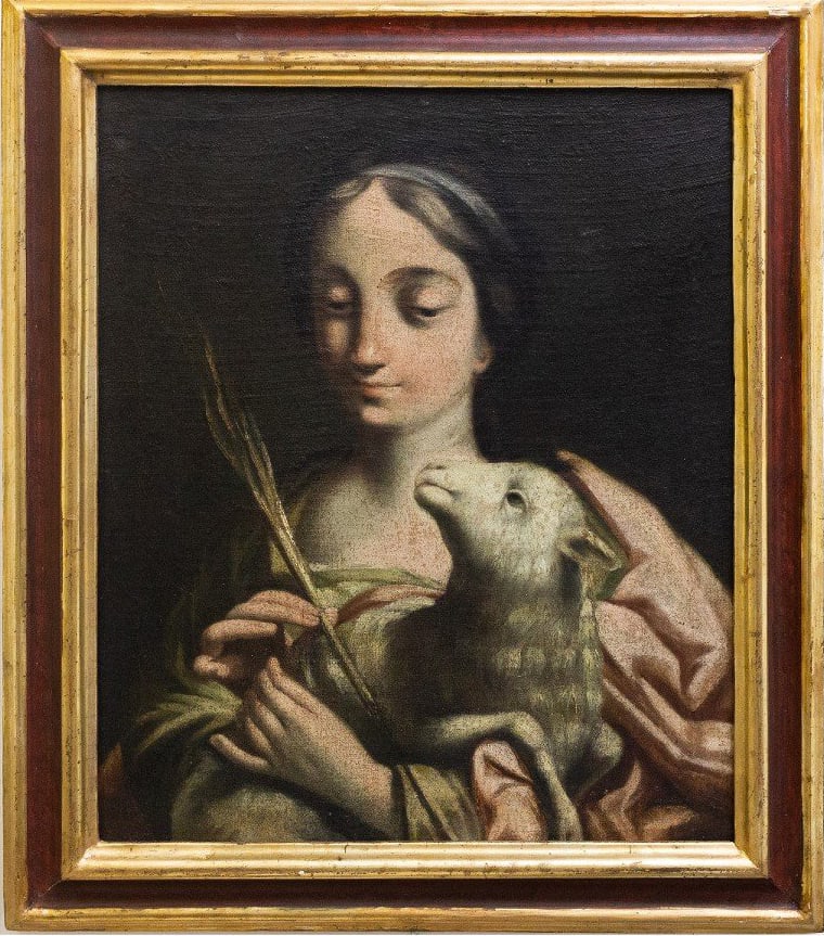 FRANCISCO SOLIMENA (Canale di Serino, 1657 - Naples, 1747) Attributed - Saint Agnes: Oil on canvas. Dimensions: 56 × 36 cm (unframed), 76 × 56 cm (framed). This 18th-century oil on canvas is attributed to the painter Francesco Solimena, whose works are characterized by delicate mode