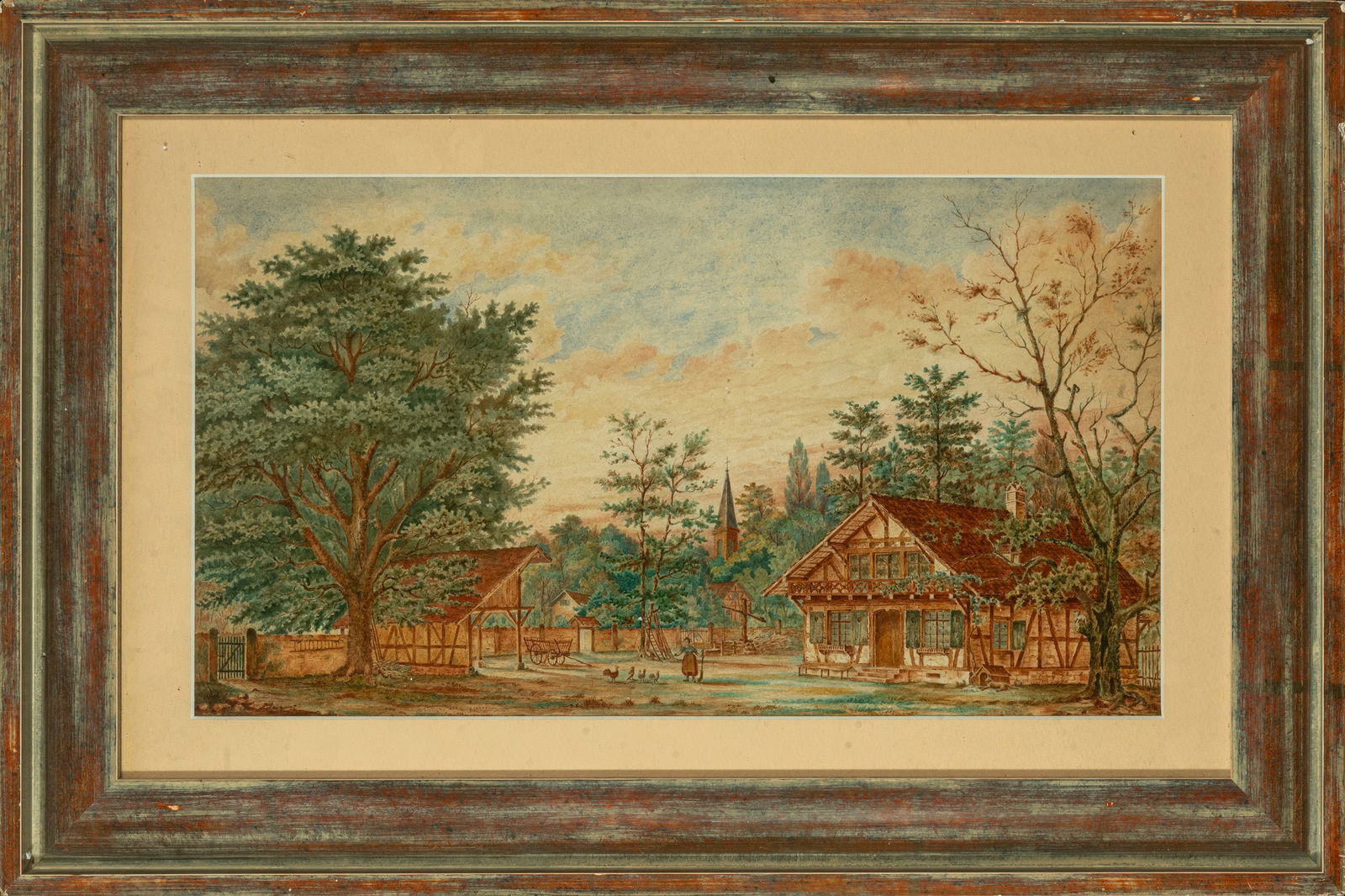 André KLEIN (1901-1992) - Rural scene with chickens: Watercolor on paper. Dimensions: 43 x 65 cm. Inscription on the back, lower right side. Georges-André Klein (1901-1992) was a French architect born in Strasbourg. He worked as an architect for the Mo