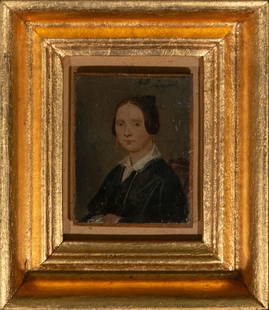 19th Century Spanish School - Portrait of a Lady, Signed "AM Esquivel": Oil on sheet metal attached to a panel. A woman with a serene expression and understated attire appears framed by a dark background that highlights the delicacy of her features and the elegance of her