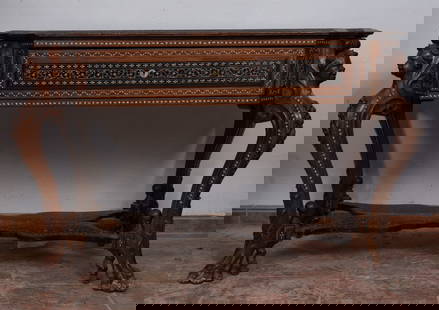 Beautiful table with drawer, made of copper, ebony and mother-of-pearl with bone inlays, 19th: Measurements: 78 x 120 x 78. Decoration in the center of the table of cupids with horses.