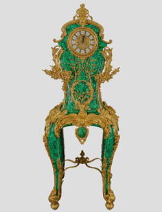 Louis XV style clock – French School, 20th century: Wooden frame with a malachite-look and gilt bronze finish. A monumental Louis XV-style clock, made in the 20th century, opulently reinterprets 18th-century French design. The arched case with its scul