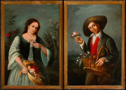 Attributed to Juan Rodríguez y Jiménez "el Panadero" (1765–1865) – Pair of youths with: Oil on canvas. This pair of compositions presents a young woman and a handsome man in a romantic pose, both carrying flowers with gentle gestures and suggestive glances, framed by an idealized vegetal