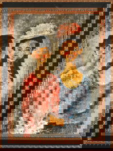 Pair of girls. Expressionist School. 20th century: Oil on canvas. Two child figures are arranged in the center of the composition against a neutral, textured background in shades of gray and ochre, accentuating the verticality of the format. The girl
