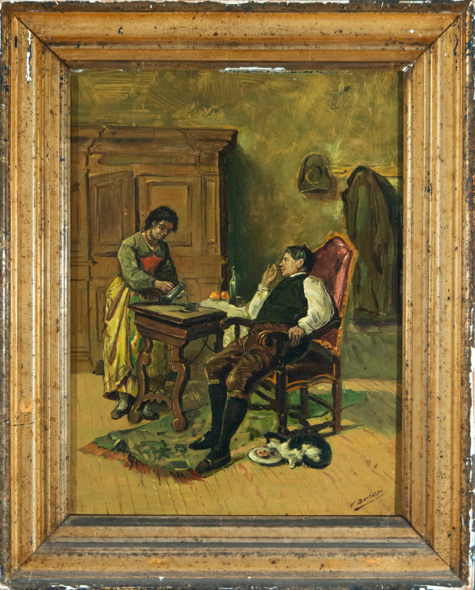 Interior scene. Italian School. 20th century: Oil on panel. Genre scene set in a Central European-style domestic room, depicting a peasant couple in a relaxed, everyday atmosphere. The woman, standing next to a table with turned legs, prepares fo