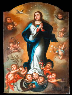 Immaculate Conception. Spanish School. 18th Century: Oil on canvas. The Virgin Mary is depicted full-length, standing on a pedestal of clouds from which cherub heads emerge, following the traditional iconographic model of the Immaculate Conception. She
