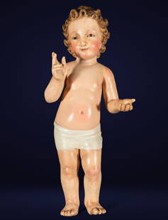 Child Jesus. Spanish School. 18th century.: Carved and polychrome wood. A devotional sculpture in the round depicting the standing Child Jesus, with a loincloth draped around his waist. The figure displays a serene and tender expression, with r