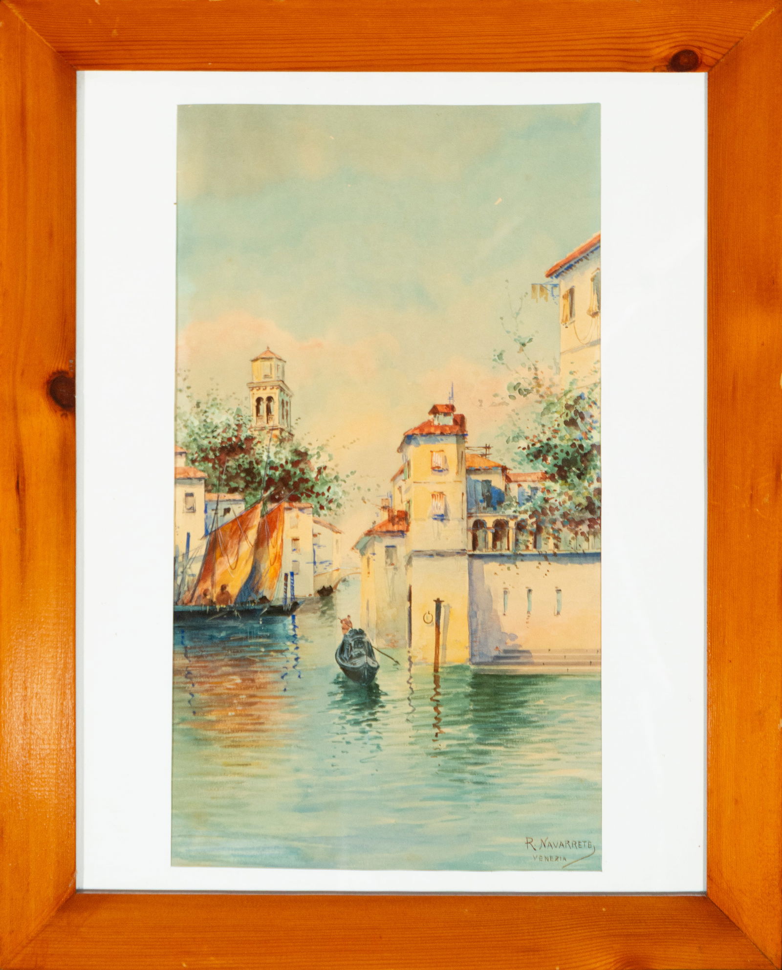 View of a canal in Venice. 19th century — Ricardo Navarrete, Spanish school of the 19th-20th: Watercolor on paper. The scene depicts an idyllic Venetian urban canal, framed by traditional Mediterranean architecture. A gondola with a human figure sails in the center of the composition, while in