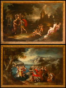 Pair of mythological scenes. Italian School. 17th-century Roman master: Oil on canvas. Pair of large-format mythological compositions, representative of Italian painting of the Seicento. In the first scene, a female figure is courted by a warrior in a ruined classical set