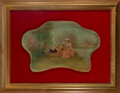 Romantic Scene - French School. 19th Century.: Oil on canvas glued to panel. The painting depicts a charming bucolic scene set in a leafy garden, where a couple dressed in 18th-century attire share an intimate moment on a wooden bench. He, reclini