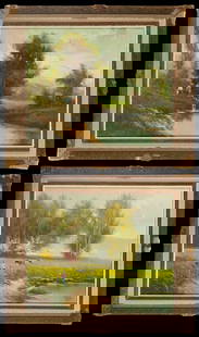 Pair of landscapes Mexican School 20th Century: Oil on canvas. Both compositions depict a bucolic rural scene framed by lush, serene vegetation, where the human figure blends harmoniously with the natural surroundings. In the first painting, two wo