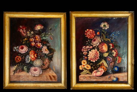 Pair of still lifes, European School, 20th century: Oil on canvas. Floral composition structured in two scenes that engage in a dialogue of compositional and chromatic symmetry. In both canvases, flowers are arranged profusely within half-open baskets,