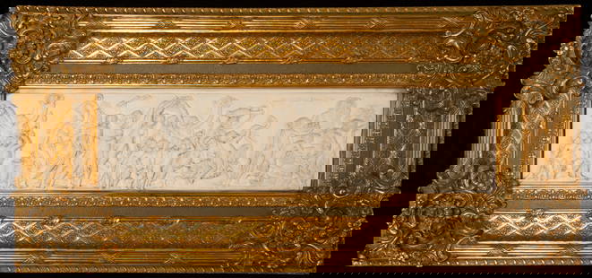 Biscuit porcelain relief. Signed Adriano Cecioni. Italian School. 19th century.: Biscuit porcelain with applied enamel and gold molding. The relief depicts a vibrant Bacchanalian scene in which a multitude of mythological and human figures intertwine in a festive procession. Fauns