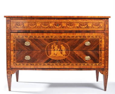 Exceptional Neoclassical Sicilian Chest of Drawers from the late 18th century - In rosewood with: Rosewood veneered chest of drawers, purfling and inlaid with various woods, with three drawers in the front. Decorated with figures within reserves, bands with profiles joined by garlands. Inverted ob