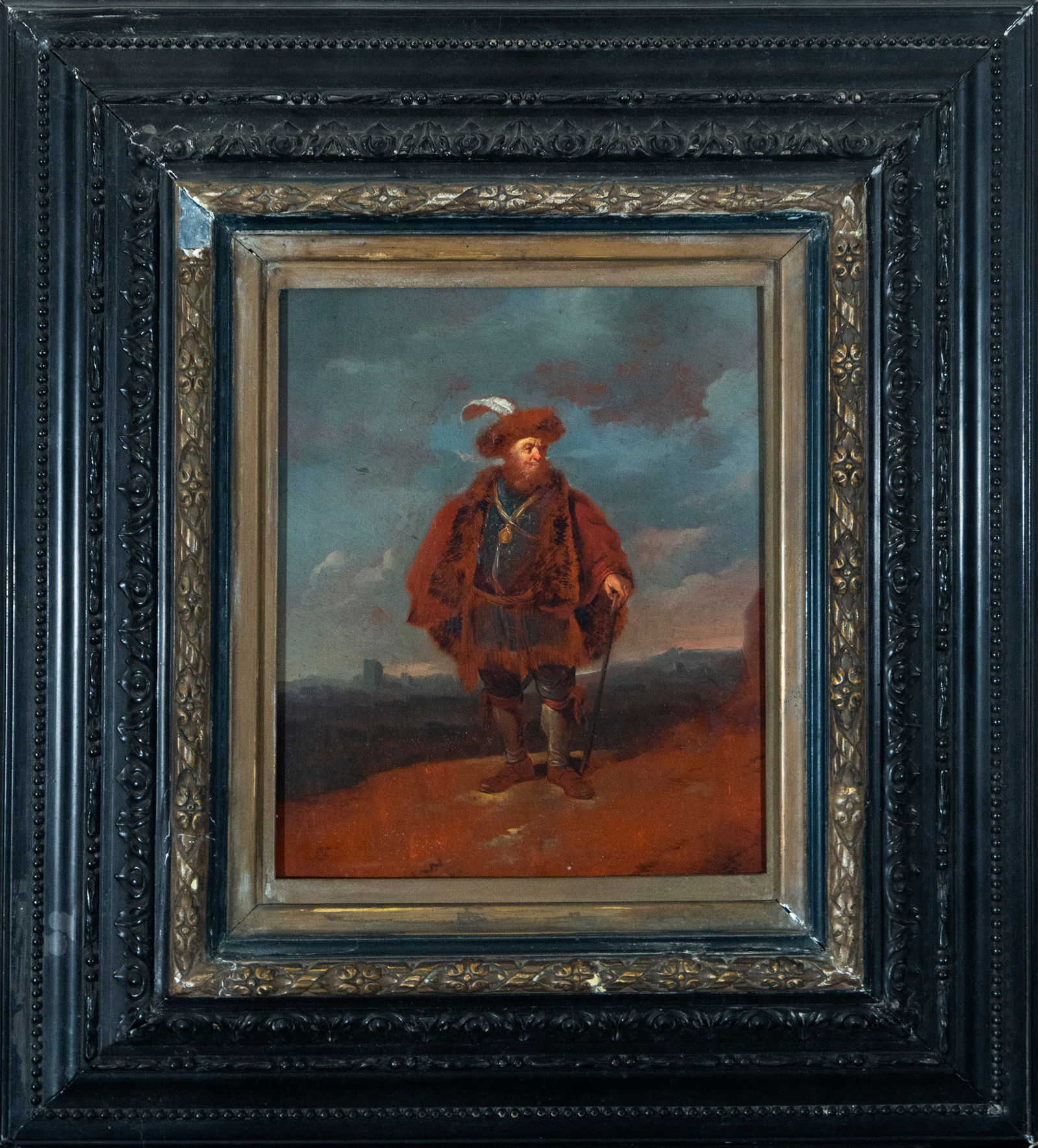 Flemish School of the 17th Century - Portrait of a Nobleman with a Walking Stick: Oil on canvas. Dimensions: 52 x 46 cm. Imposing portrait of a Flemish nobleman, standing and holding a baton of command, dressed in sumptuous clothing and adorned with a fur cape and a feathered hat.