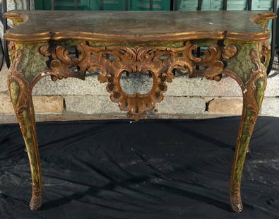 Italian Baroque console table in polychrome, gilded and marbled wood, 18th century: Measurements: 80 x 136 x 66 cm