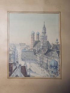 Munich's Marienplatz, designed by architect Josef Hoffmann (1870-1956): Watercolor on paper. 14x16.5cm. Framed: 23.5x30cm.