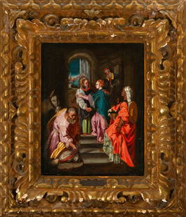 The Visitation Italian School, 17th century, oil on canvas, with beautiful antique frame: 45.5 x 36.5 cm.. 75 x 65 x 7 cm. (frame)