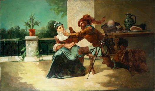 Musketeer and Lady, Signed. Spanish School. 19th Century: Oil on canvas. Dimensions: 196 x 120 cm. A genre scene set in an interior with Renaissance architecture, featuring a gallant soldier holding the face of a young lady. The background includes a table w
