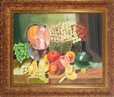 Still Life with Fruit and Pots. Valencian School. 20th Century: Oil on canvas. Dimensions: height 46 x width 62 cm. A still-life composition organized with decorative criteria and popular taste. In the foreground, bunches of green and purple grapes, apples, pears,