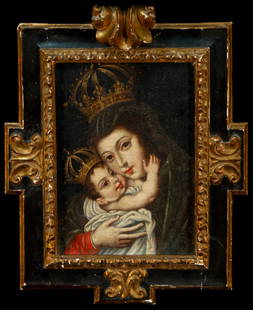 Exquisite Virgin of Bethlehem with 17th C period frame. Spanish Americas Colonial School. 17th: Oil on canvas. The work presents the traditional iconography of the Virgin of Bethlehem: Mary, with a compassionate gaze and loving gesture, holds the Child Jesus in her arms, both crowned with rich g