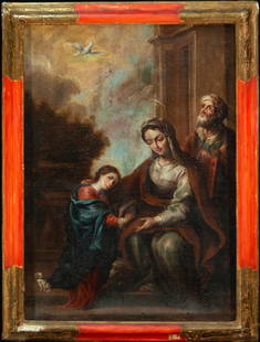 The Holy Family. Colonial School. 18th Century: Oil on canvas. An intimate and serene scene depicting the Virgin Mary next to the Child Jesus, under the gaze of Saint Joseph. The composition is delicately articulated, highlighting the treatment of