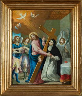Biblical scene with Christ and a saint. Colonial School. 18th century.: Oil on panel. The composition presents a scene of a mystical encounter between Christ carrying the cross and a Dominican saint, possibly Saint Catherine of Siena, who embraces him in an attitude of ec