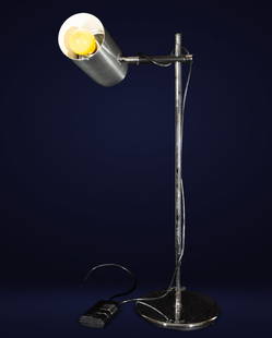 Table lamp. Maria Pergay for Uginox, France, 20th century: Stainless steel. Height: 70 cm. Table lamp with an adjustable cylindrical spotlight mounted on an articulated tubular arm, designed by María Pergay for Uginox in 1968. The clean, functional, and rest