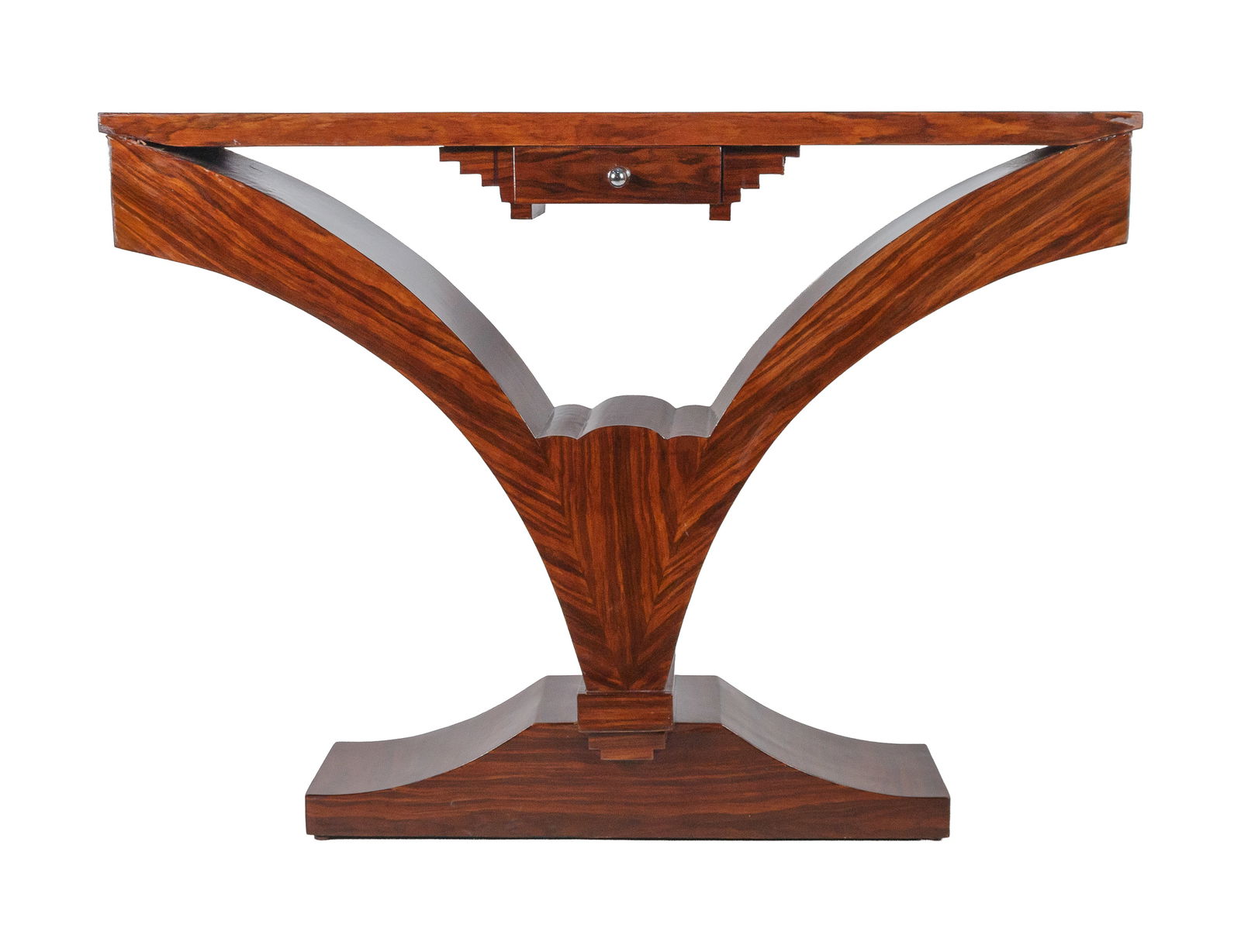 Art Deco style console. French School, 20th century.: Veneered wood. Dimensions: 89 x 120 x 29.5 cm. A console table with a refined design and architectural structure, made of wood with a veneered finish in reddish tones reminiscent of rosewood. Its silh