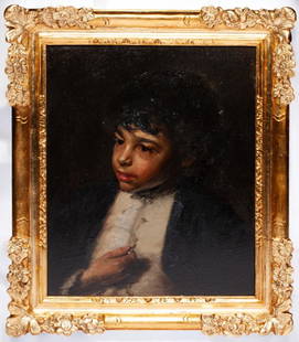 18th Century Italian School - Portrait of a Young Boy: Oil on panel. Dimensions: 46 x 38 cm. Portrait of a young boy holding a gold coin. Located in international warehouse.