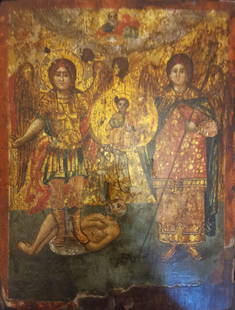 Exceptional Veneto-Cretan Orthodox Icon, Greece, 17th - 18th century: With Saint Raphael and Saint Michael. 35.5 x 26.5 cm.