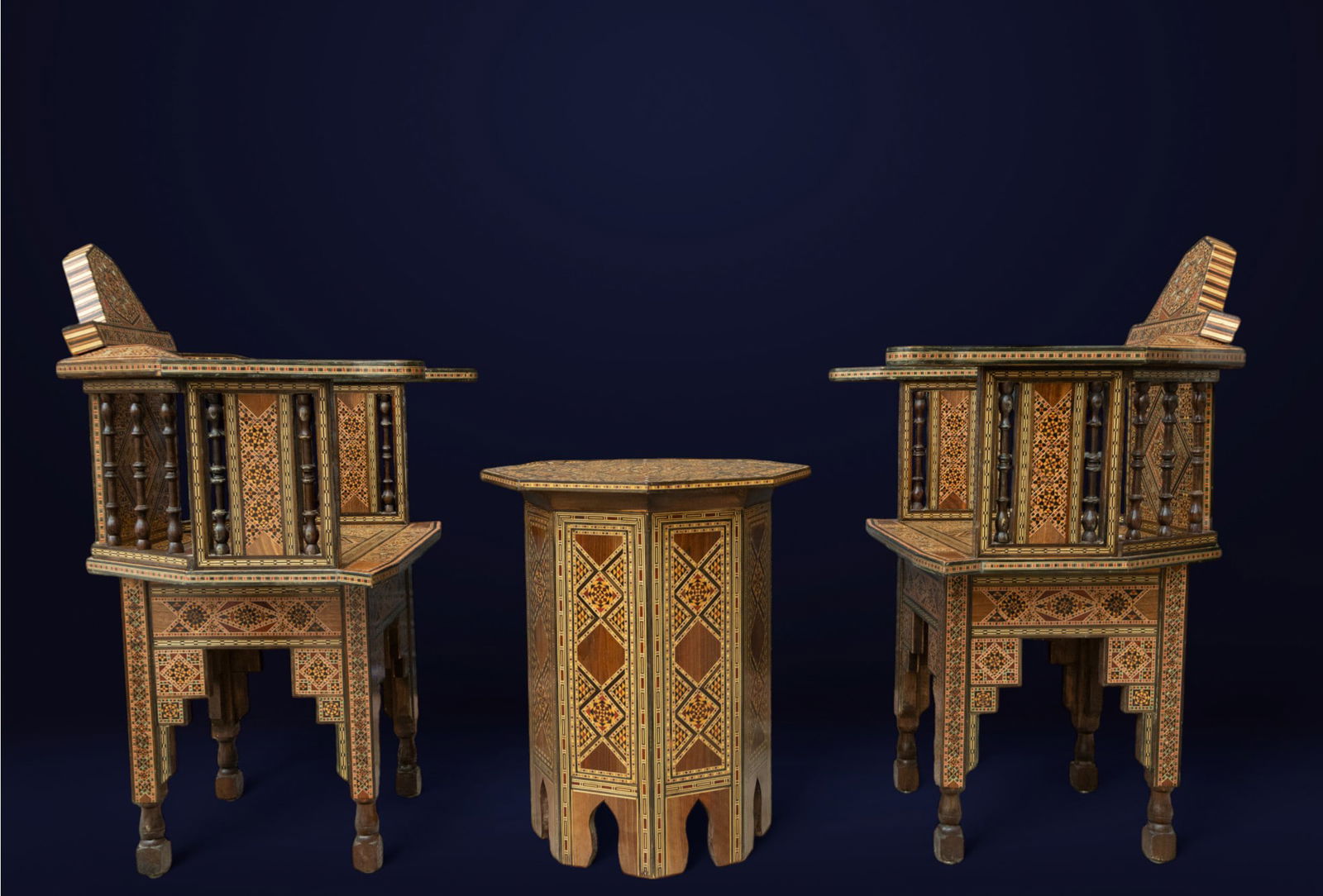 Spectacular 19th-century inlaid Islamic Granada table and chairs, Spain: Measurements chair 90 × 62 × 56 table 59 × 48 × 48 cm