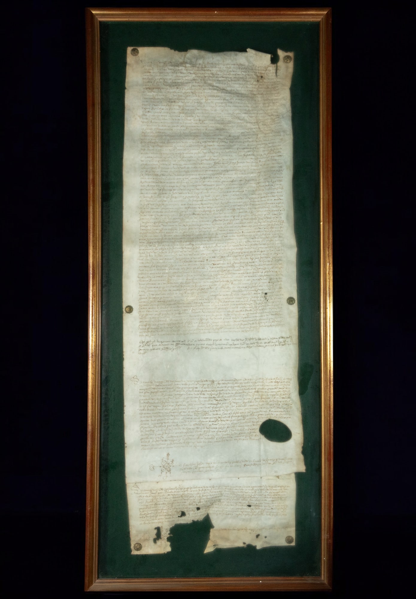 Medieval Catalan document on parchment, framed, 15th century: 80 x 55 cm