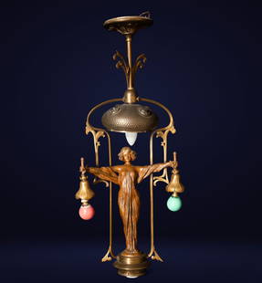 Rare Art Nouveau lamp from the 1920s with a Tiffany-style nymph, early 20th century: Measurements: 74 cm x 33 cm x 18 cm