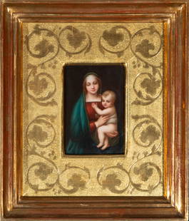 Framed porcelain plaque of Madonna and Child, following models by Raphael Sanzio: 13 cm x 9 cm and 31 cm x 25 cm