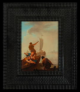 18th Century Italian School - Fishermen in the Bay of Naples: Oil on panel. Dimensions: 42 x 36 cm. A costumbrista scene depicting a group of fishermen in full activity, in a marine environment that suggests the vicinity of the Bay of Naples. The composition sta