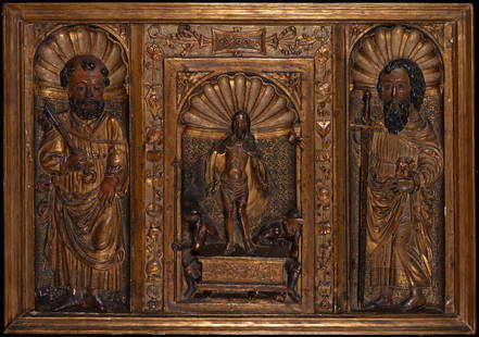 Magnificent Late-Gothic Altar Frontal, Flemish Gothic Master active in the North of Castile in the: To highlight, its magnificent state of original conservation in polychrome and gilding, with the resurrected Christ with the Roman Legionaries at his feet and Saint Peter and Saint Paul the Apostles o