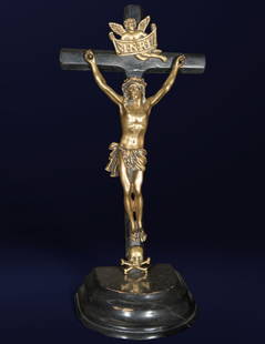 Christ on a bronze and wooden crucifix -: Bronze and wood, Measurements 20x15x4 cm