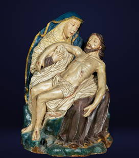 Exceptional Late Gothic South Portuguese Polychrome Terracotta Pietà, 15th-16th century: Very good condition, terracotta and polychrome, master to be identified. Dimensions: 78 x 30 x 45 cm. Comparative works: an almost identical piece in the Mortuary Chapel of the Dom Lopo Hospital (Port