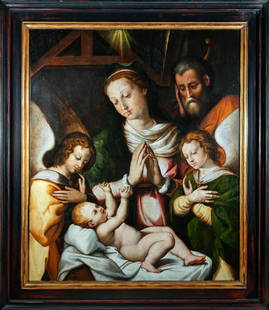 Attributed to Fray Bernardo Bitti (Italy, 1548 - Lima, Viceroyalty of Peru, present-day Peru 1610): Exceptional oil painting of the Holy Family on canvas. A report with a study of the work is included. Canvas dimensions: 97 x 80 cm, frame dimensions: 127 x 100 cm. Bernardo Bitti (Camerino, Papal Sta