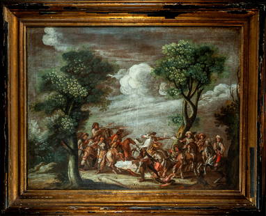 Assault of the Bandits, Cornelis De Wael (Antwerp 1592 - Rome 1667) - Franco-Italian School of the: Oil on canvas, size: 85 x 80 cm. Framed size: 130 x 125 cm. Son of Jan de Wael and Gertrude de Jode, daughter of Gerard de Jode, and younger brother of Lucas de Wael, he was baptized in the church of