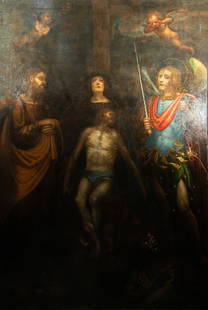 Monumental Christ on Calvary next to Saint Michael - Giuseppe Cesari (Cavaliere d'Arpin) Italian: Oil on canvas, dimensions (frame not included): 256 x 175 cm. Reference bibliography: NY), Metropolitan Museum of Art (New York (1985). The Age of Caravaggio (in English). Metropolitan Museum of Art.