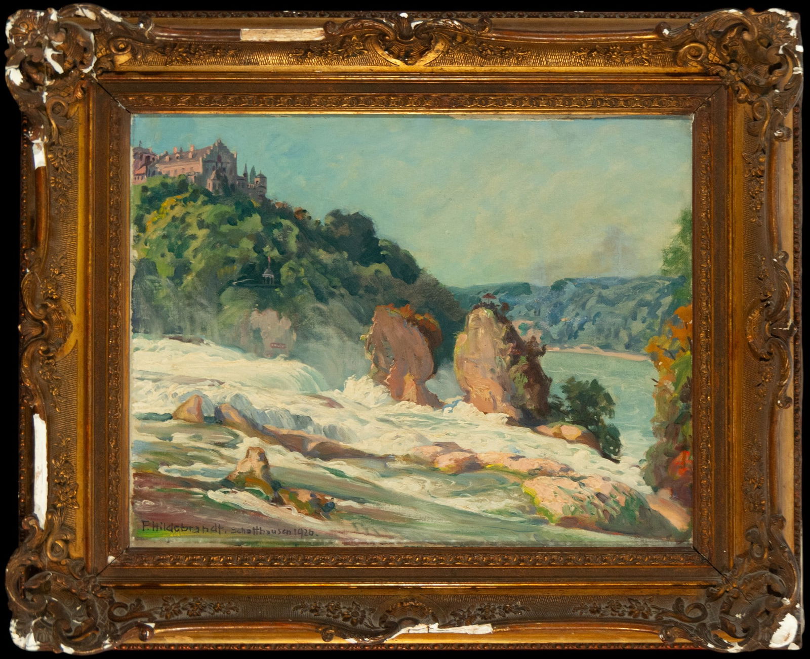 Bavarian Landscape. Signed F. Hildebrandt. German School. 20th Century: Oil on canvas. Dimensions: 52 x 64 cm. The canvas depicts a river landscape with rushing waters breaking against the rocks in the foreground, while a castle rises on a wooded hill in the background. T