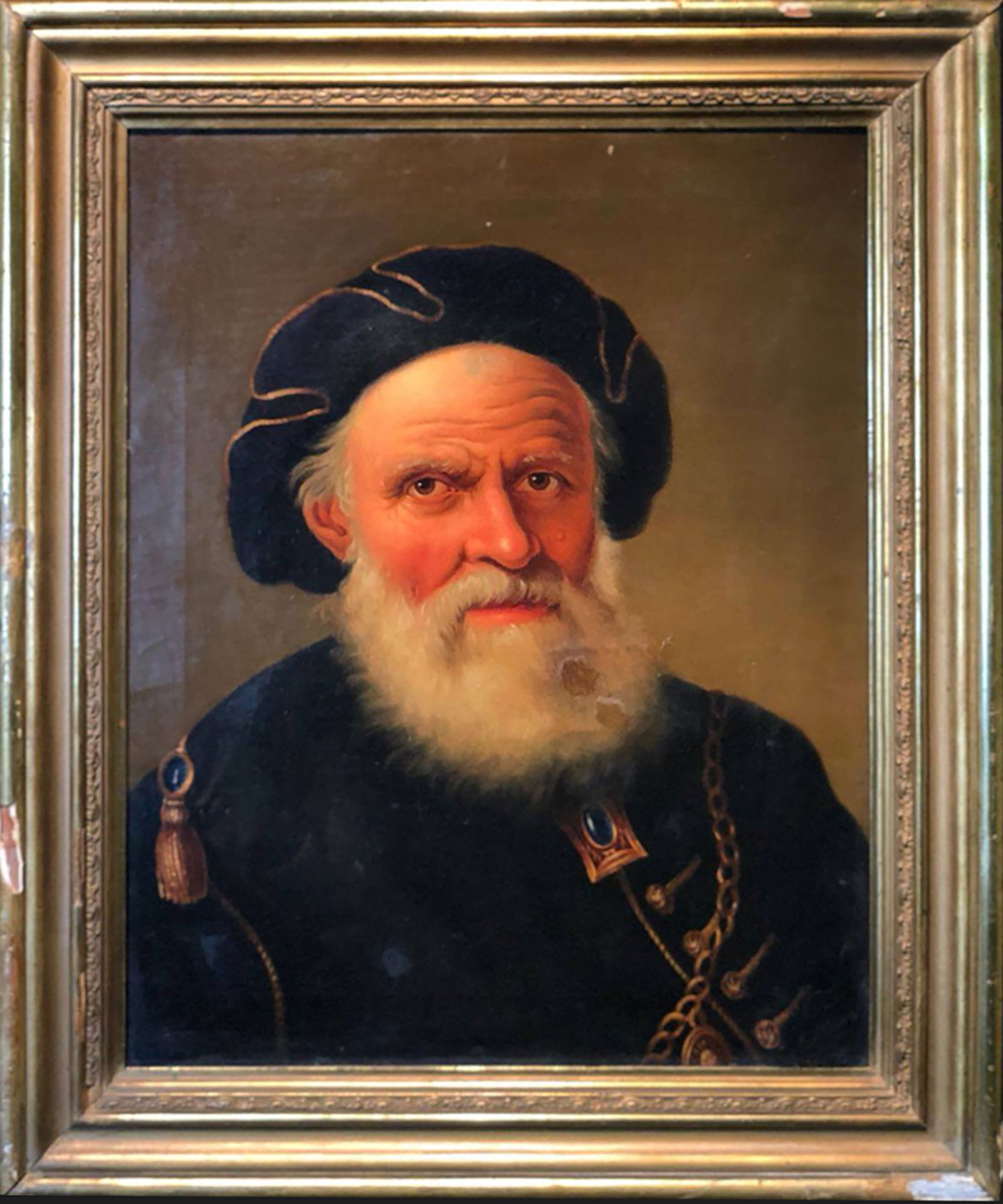 19th Century German School - Portrait of an Old Man: Oil on canvas. Dimensions: 57 x 69 cm. Signed and dated. The figure is depicted bust-length, in a three-quarter length pose, his gaze fixed on the painter depicting him. His elegant dark clothing stan