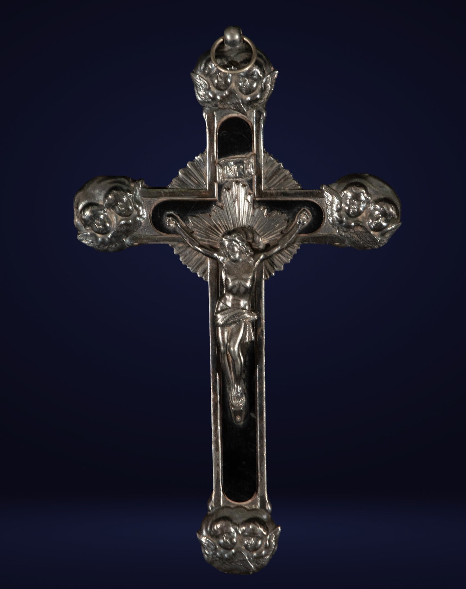 Silver-plated crucifix with cherubs. European School. 19th century. (1 of 3)